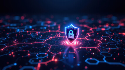 Cybersecurity icon with a lock and glowing lines on a digital grid background.