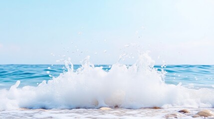 Fototapeta premium A large wave crashes onto a beach, its white foam contrasting with the blue ocean. The image is well-lit, showcasing a serene scene. The style is minimalist and peaceful. Light blue and white colors