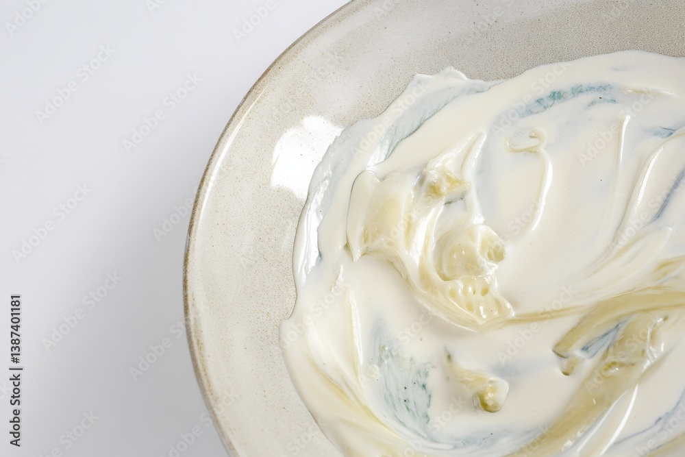 Aufkleber creamy texture of fresh yogurt in a shallow bowl highlighted against a minimalistic background