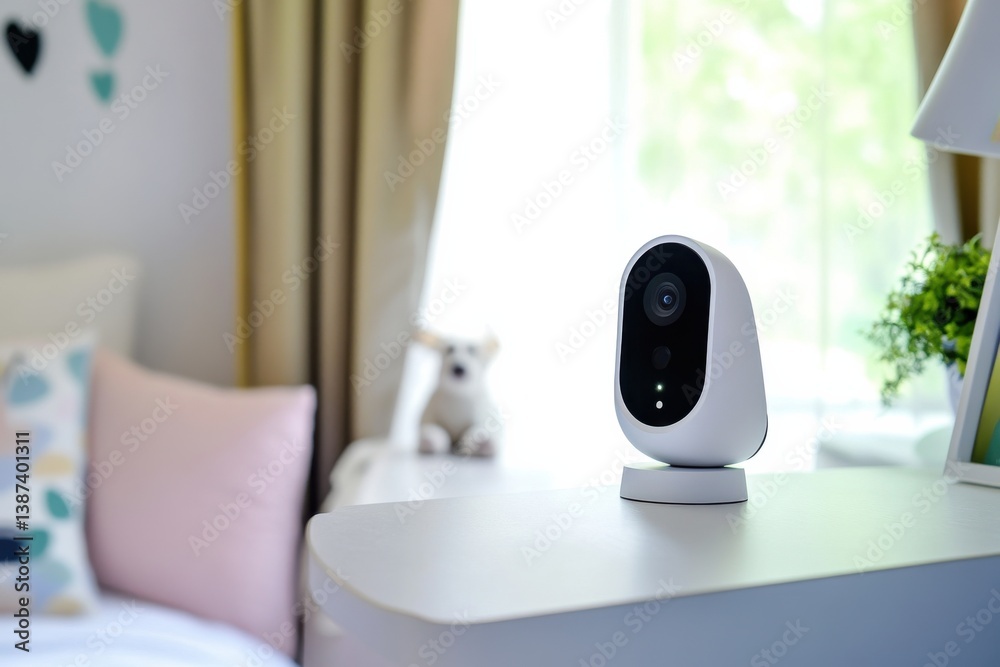 Poster smart home security camera positioned on bedside table in a modern bedroom setting with natural ligh