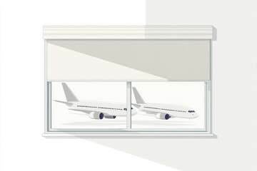 Window View: A glimpse through a sunlit window reveals the crisp silhouettes of modern aircraft. A minimalist composition captures the essence of travel and aviation. 