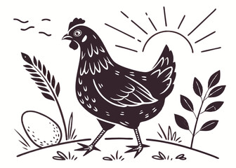 Chicken. Vintage block vector illustration