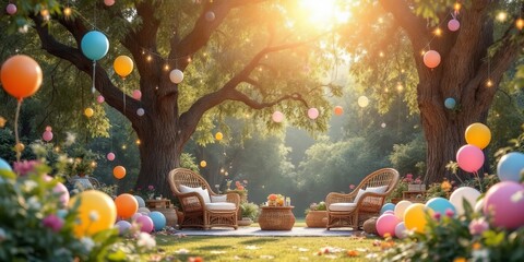 Festive outdoor garden party setup with balloons and colorful decorations. A beautifully decorated table surrounded by chairs and a vibrant natural setting, ideal for celebrations.