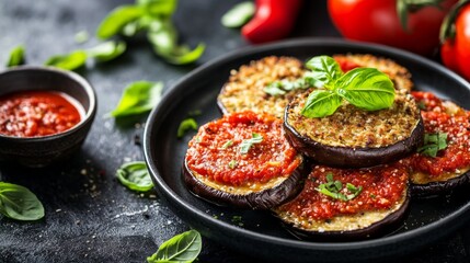 A savory eggplant parmesan with marinara sauce. Featuring comfort and flavor
