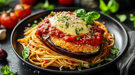 A savory eggplant parmesan with marinara sauce. Featuring comfort and flavor