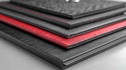 Close up of four textured, leather bound books with red and black covers, showing stitching and water droplets.