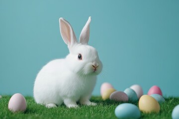 Fototapeta premium White easter bunny is sitting on green grass with colorful easter eggs and a blue background 