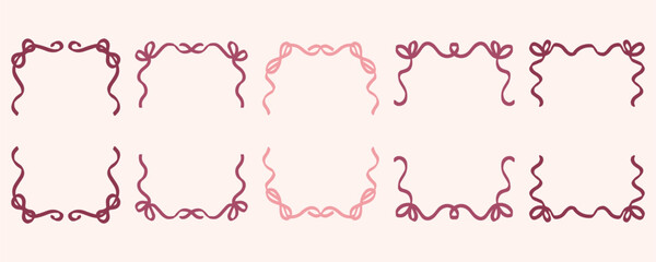 Frame with bow ribbon. Vintage hand drawn border for Christmas Valentine and wedding card decoration. Vector coquette lovely elements. Retro minimal set