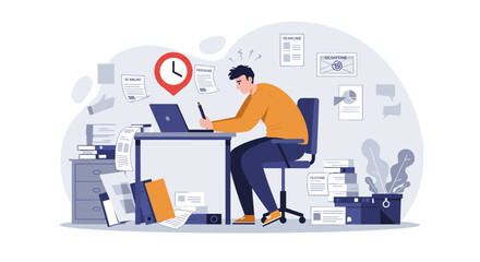 Man stressed while working at a cluttered desk with a clock background  