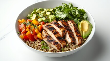 A savory quinoa bowl with grilled chicken, avocado, and mixed vegetables. Featuring balance and flavor