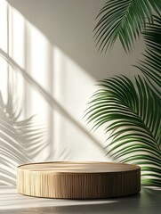 Round podium on light background with large green palm leaves