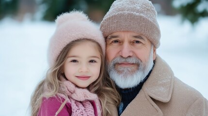 Fototapeta premium A grandfather and granddaughter pose closely together outdoors in winter. He wears a beige hat and coat she wears a pink hat and scarf. The snowy background is softly blurred. The image is high-qual