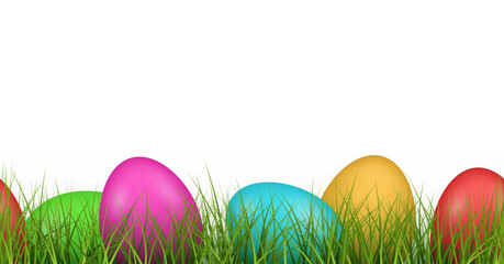 Vector bright colorful decorated easter eggs laying in green grass decorative seamless pattern