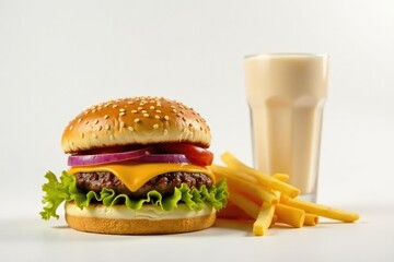 Close up of greasy burger, fries, and milkshake on white background, milkshake, overhead shot