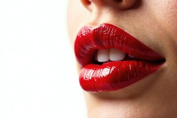 Fototapeta premium Close-up of luscious red lips against pure white backdrop, clean background, fashion