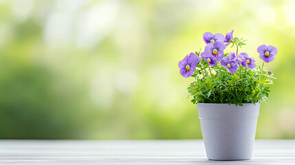beautiful pot of purple pansy flowers sits on wooden table, bringing touch of nature and tranquility to serene background