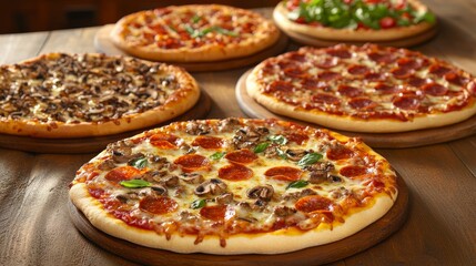 A selection of freshly baked pizzas with various toppings. Featuring comfort and variety