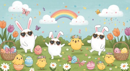 Cute cartoon bunny with spring eggs in a meadow