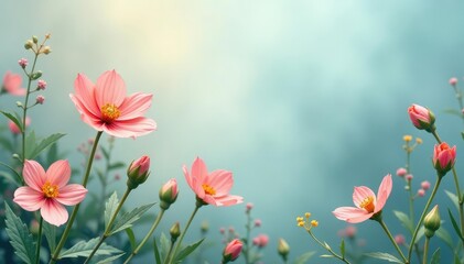 Fototapeta premium Delicate wildflowers & leaves, pastel palette, pretty, design, textile