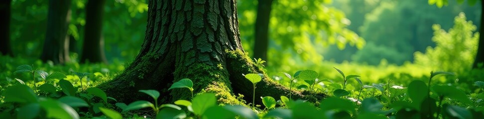 Obraz premium Dense foliage surrounds the isolated tree trunk, verdant, nature, wood