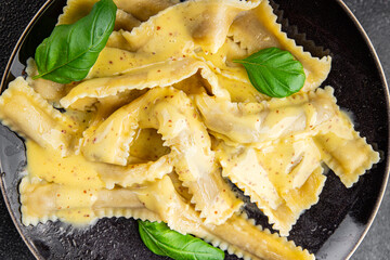 Pappardelle pasta filling vegetable main course appetizer dish fresh gourmet food background on the table rustic food top view copy space  vegetarian and vegan food