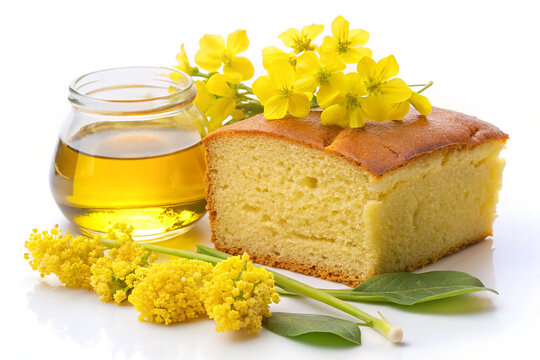 Close-Up of Mustard Oil Cake and Mustard Blossom, Isolated on White
