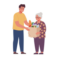 Young man helping elderly woman with groceries in a cheerful setting  