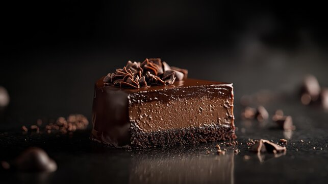 A slice of chocolate cake with a drizzle of ganache. Featuring indulgence and sweetness