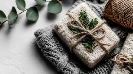 Cozy winter scene with a gift wrapped in neutral fabric and twine, adorned with evergreen sprigs, resting on a soft gray knit fabric. 