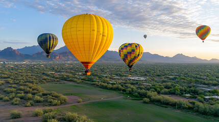 Obraz premium Colorful hot air balloons float above scenic landscape, showcasing vibrant colors against backdrop of mountains and greenery. serene atmosphere