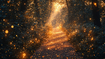 Fototapeta premium Golden sunlight filtering through trees in enchanted forest pathway nature photography tranquil environment