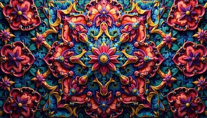 Intricate, repeating geometric textile design, vibrant, fabric, motif