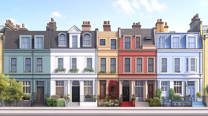 Fototapeta premium Colorful row of charming terrace houses with vibrant facades and lush greenery