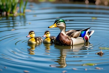 Fototapeta premium Two wild mallard ducks, a drake and a hen, swim on the green water of a tranquil lake, their feathers reflecting nature
