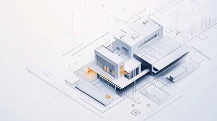 Architectural visualization of a modern house design with technical drawings