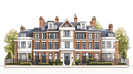 Fototapeta premium Elegant townhouse with classic architecture and lush greenery