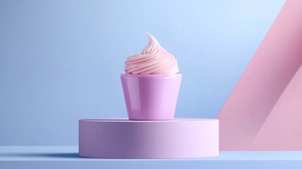 Pink Yogurt Cup Dessert Display Against Pastel Background