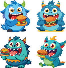 Obraz premium Set of cute blue cartoon monsters eating burgers, funny and colorful character illustrations perfect for children’s food designs, games, stickers, and playful digital or print projects.