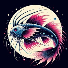 Digital illustration of a vibrant, stylized catfish with glowing red eyes swimming in a surreal, cosmic environment with pink, blue, and purple tones