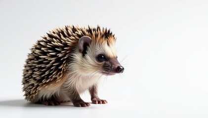 Obraz premium Single European hedgehog, isolated, facing left, slightly uncurled , spiny mammal, hedgehog photography, mammal