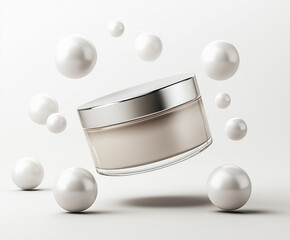 cream jar with glowing white spheres  cosmatic container mockup.