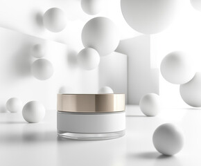 Floating cream jar with soft white spheres, beauty and freshness  minimal design. product presentation.