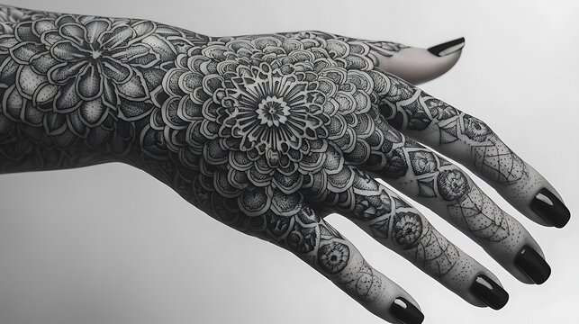 Artistic blackwork hand mandala tattoo high resolution background