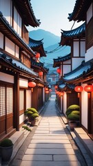 Naklejka premium Picturesque street scene featuring lush green trees and welcoming homes in a tranquil urban setting inviting strolls and exploration in a dreamlike landscape