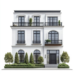 Elegant white townhouse with large windows and greenery