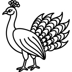 Naklejka premium Peacock bird simple black line art image, Black bold outline vector icon, Bird vector illustration