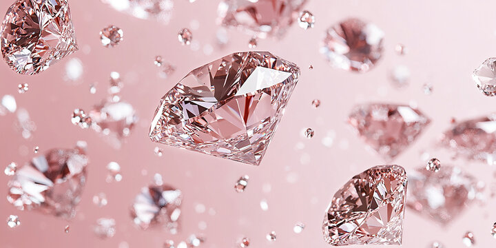 Sparkling diamonds falling on pink background: luxury and jewelry concept