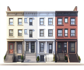 Fototapeta premium Three colorful townhouses with stairs and windows in row