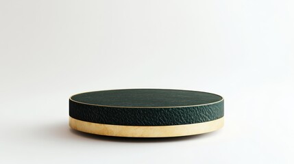 Circular dark green wooden podium on white background for product display