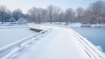 A snow-covered bridge extends over a frozen pond. The bridge features white railings, and the scene is framed by snow-laden trees. The high-resolution image boasts crisp detail and soft, natural lig